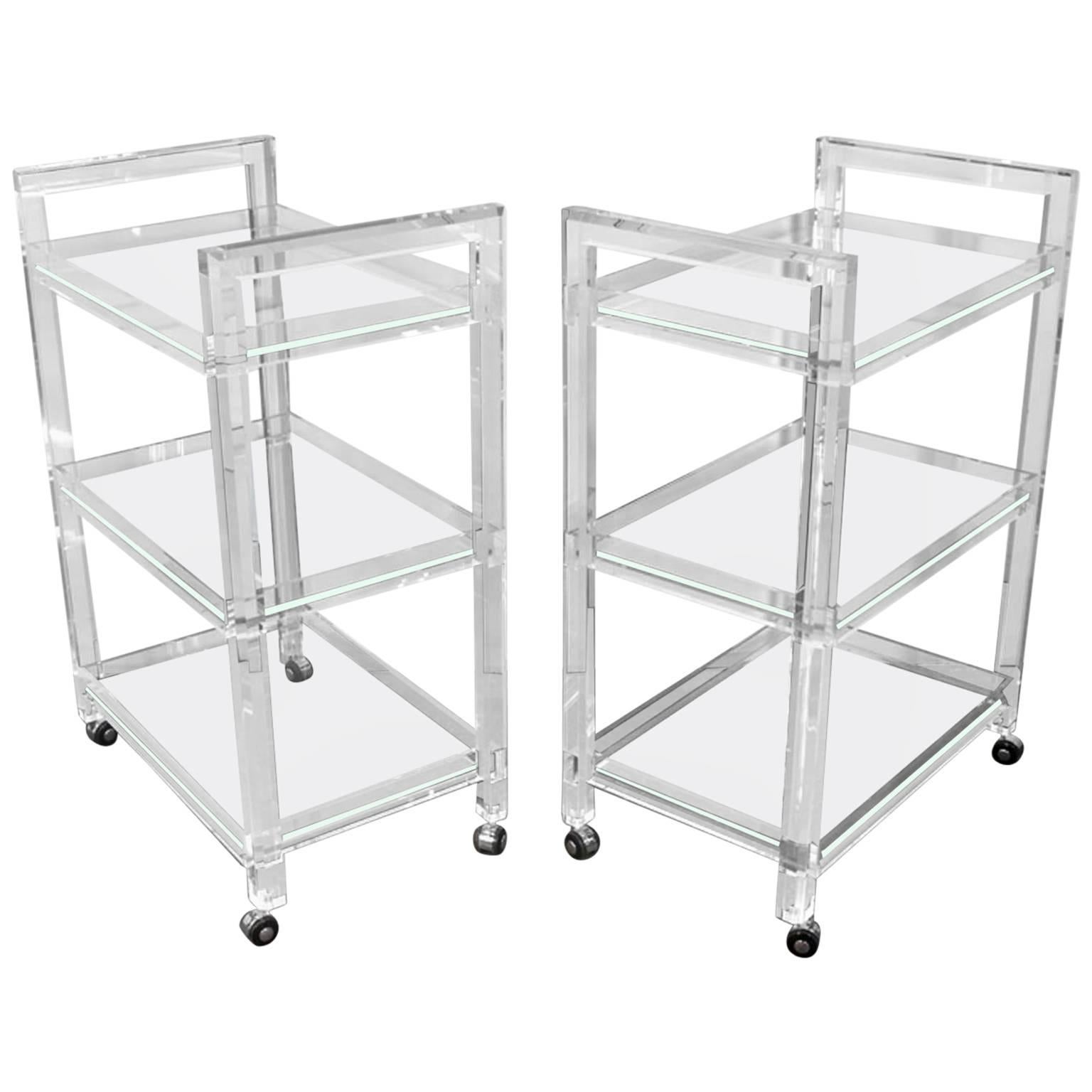 Pair of Rolling Lucite Bar Carts For Sale