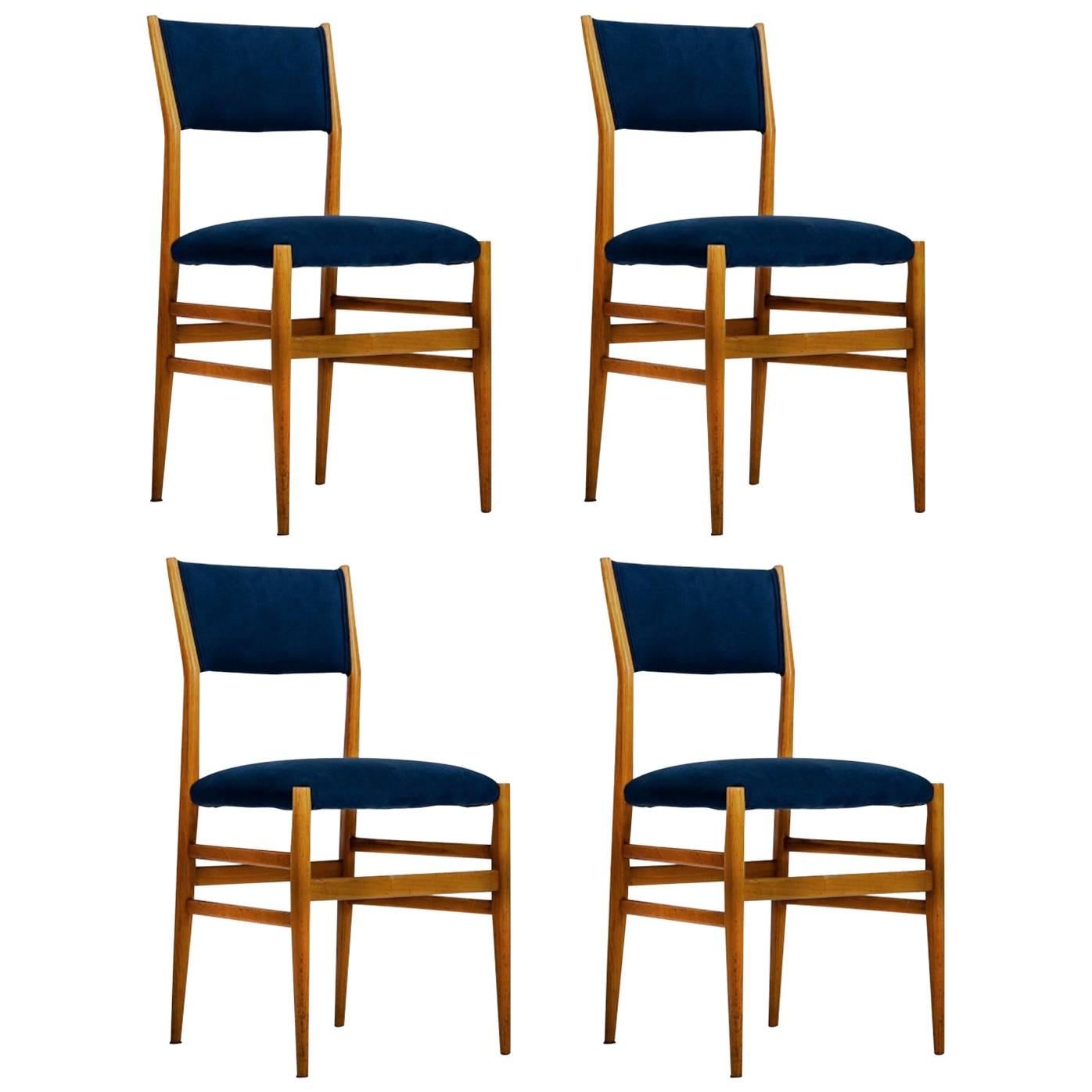Gio Ponti Set of four Mid-century Blue Italian Dining Chairs Model "Leggera"
