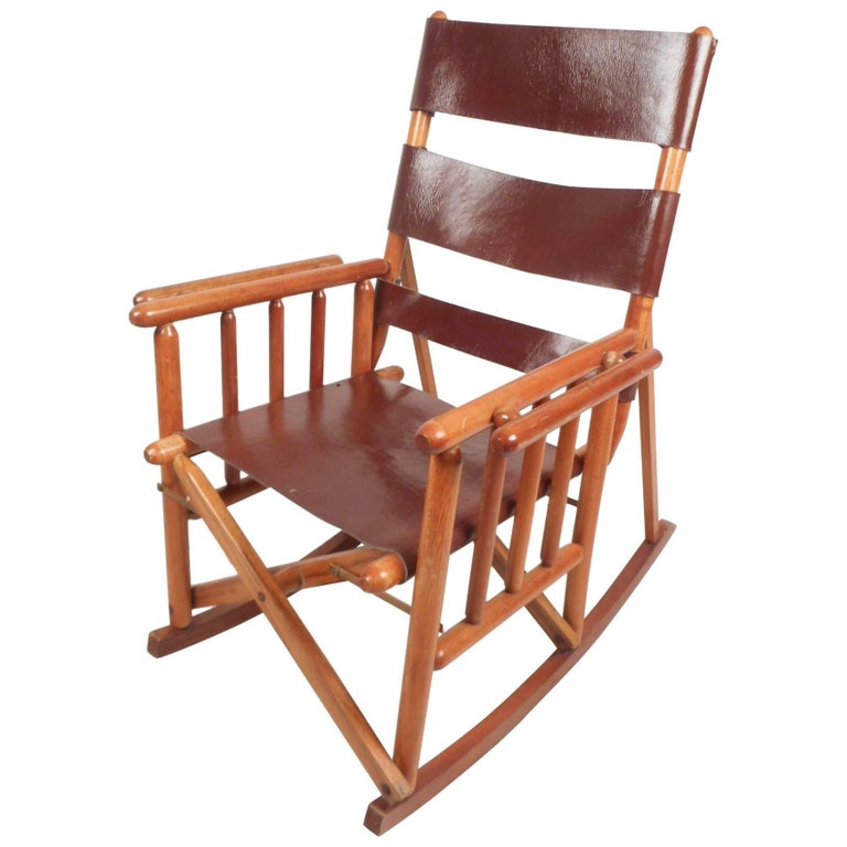 Mid Century Modern Costa Rican Leather, Antique Folding Wooden Rocking Chairs