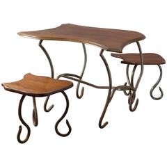 Antique Set of a Table and Two Stools, France, Early 20th Century