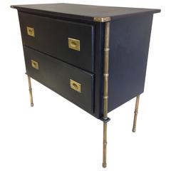 Rare Hand-Stitched Leather and Brass Faux Bamboo Commode Style of Adnet 3