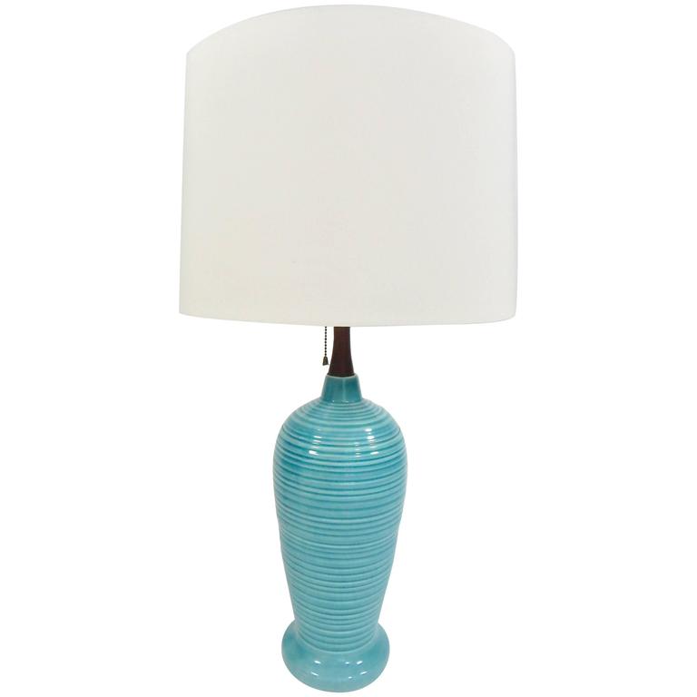Mid Century Glazed Ceramic Turquoise Table Lamp