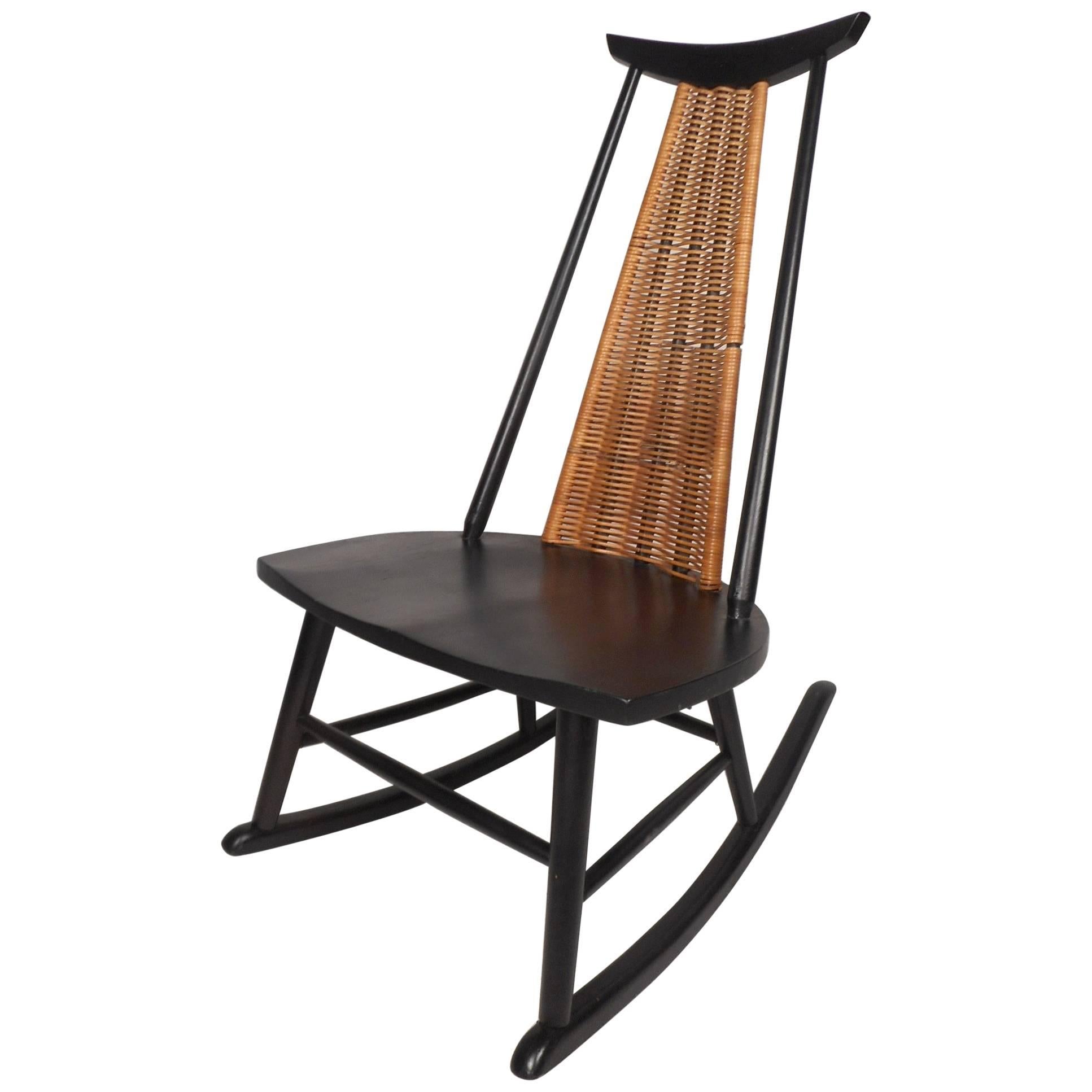 Mid-Century Modern Danish Rocking Chair with a Woven Back Rest
