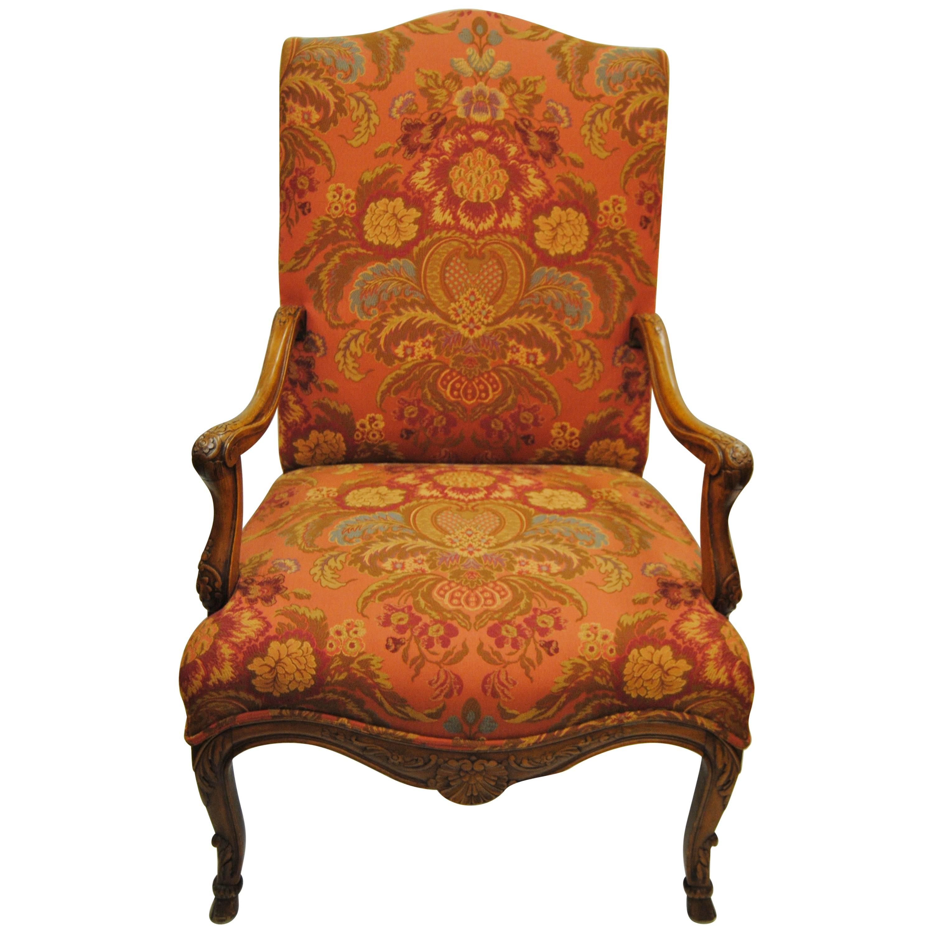 Vintage Hand-Carved French Chair, Newly Upholstered with Old World Weavers Silk For Sale