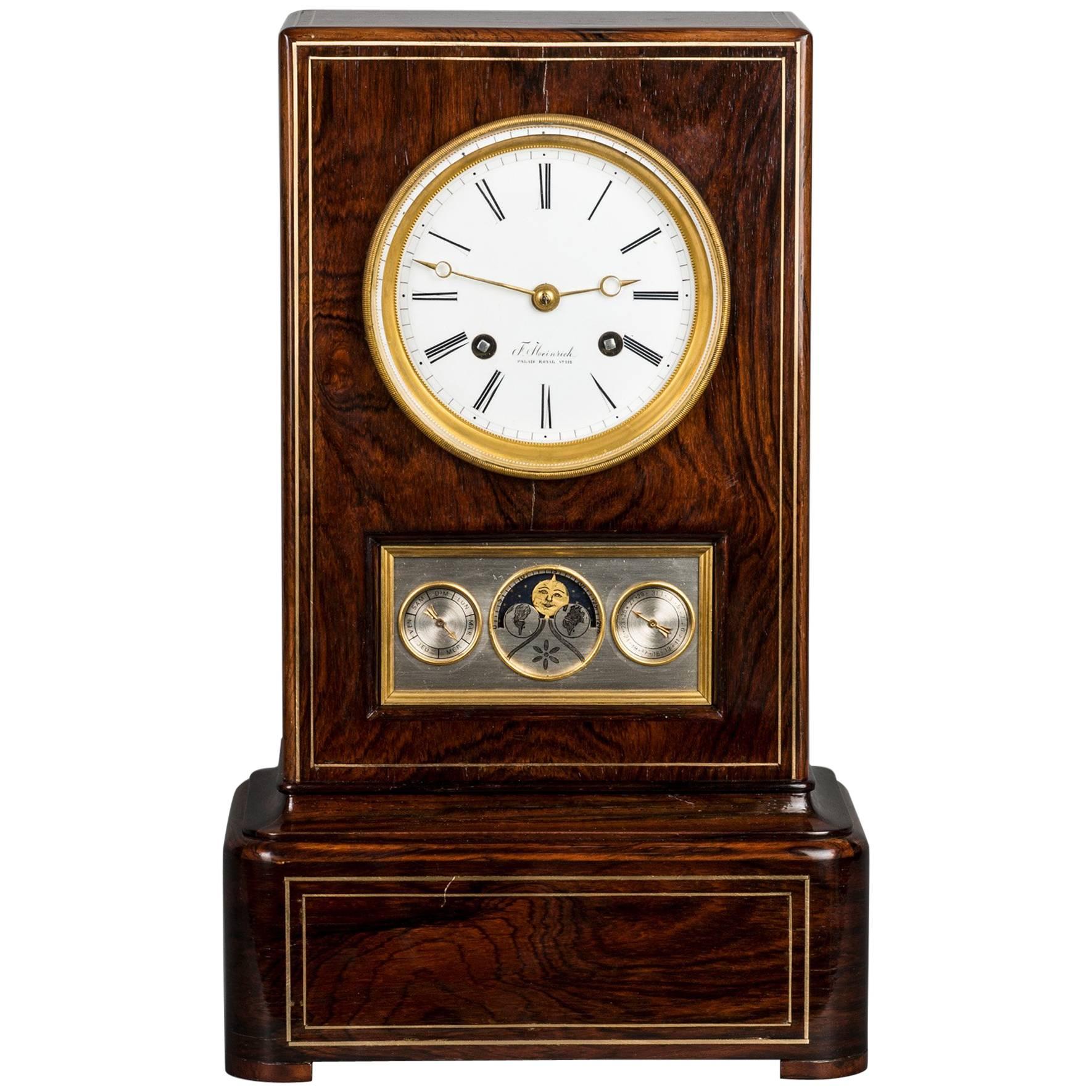 Unusual Kingwood Mantel Clock with Calendar Work and Moon Fase, circa 1840 For Sale