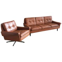 1970s Danish Skipper Mobler Three-Seat Sofa and Matching Swivel Armchair