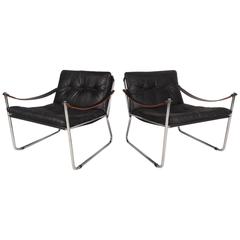 Unique Mid-Century Modern Safari Style Lounge Chairs with Leather Arm Rests
