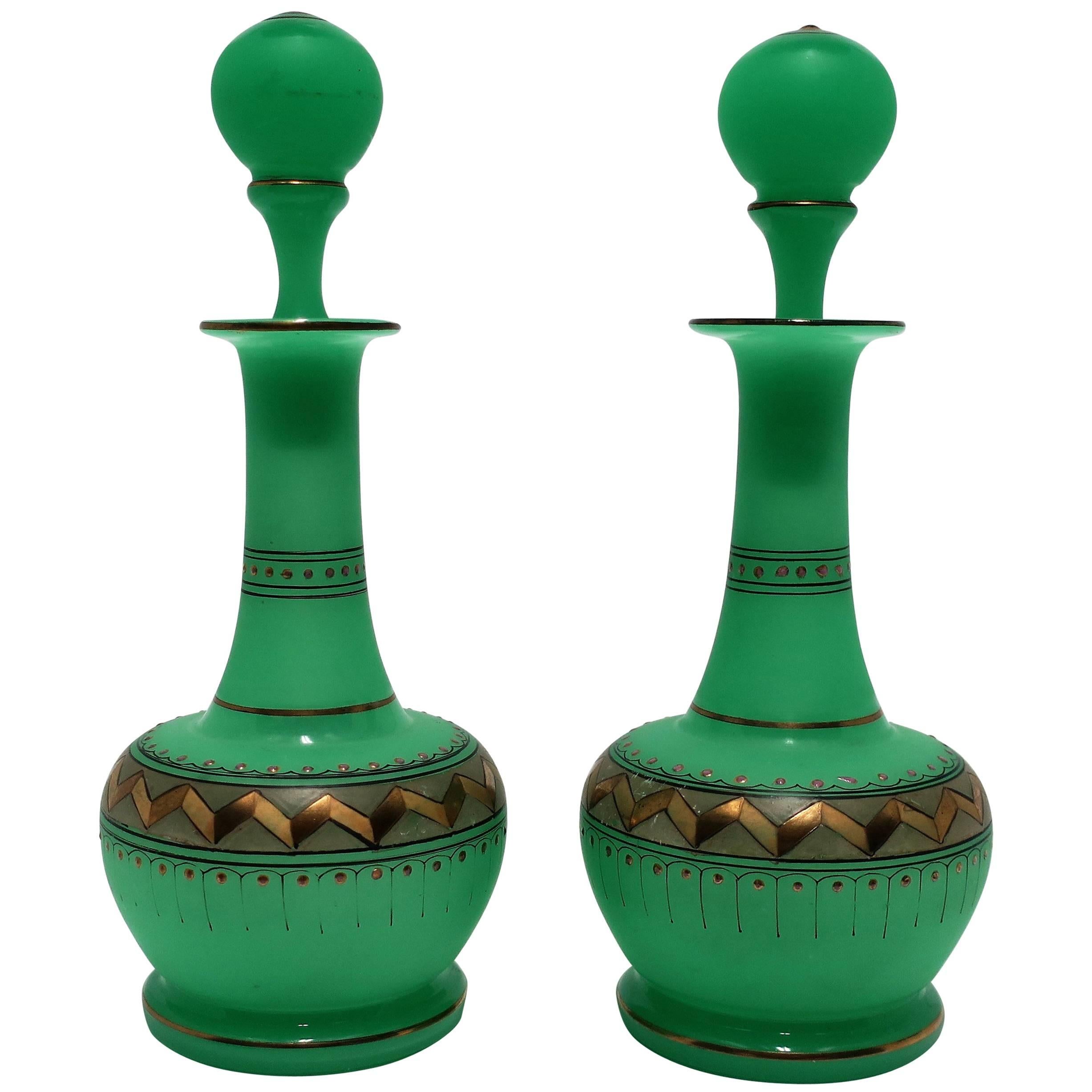 Pair Italian Emerald Green Opaline Glass & Gold Chevron Perfume Vantiy Bottles