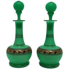 Gorgeous Pair of Emerald Green with Gold Chevron Pattern Vantiy Bottles 7
