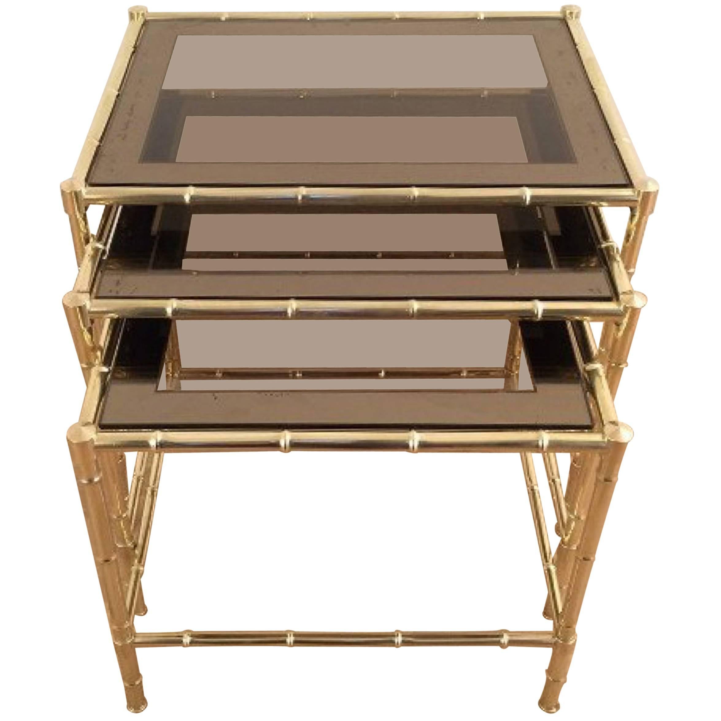 Set of Three Faux-Bamboo Brass Nesting Tables in the Style of Jacques Adnet