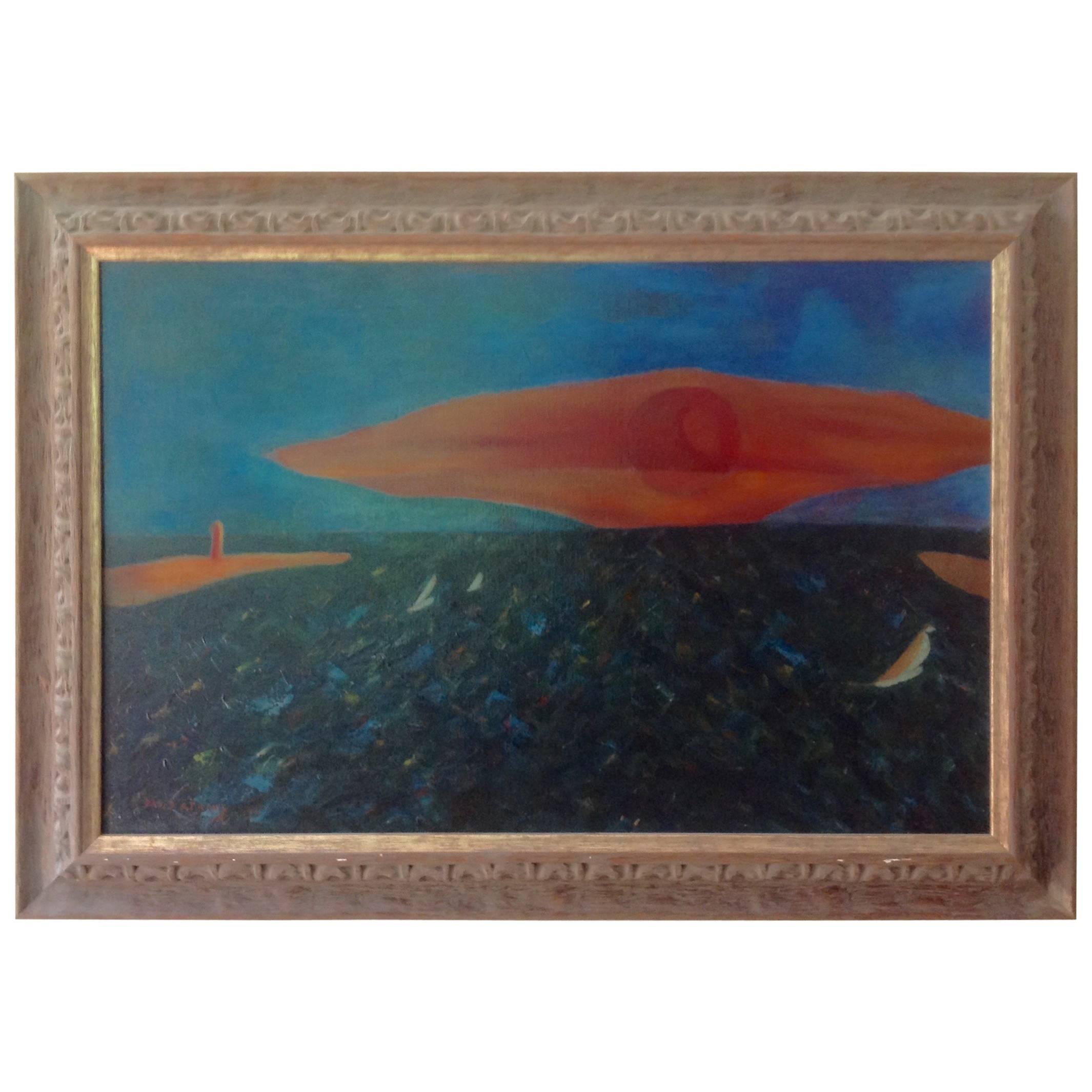 Large Signed David Atkins Surreal Oil on Canvas New York Artist Title "Sunset" For Sale