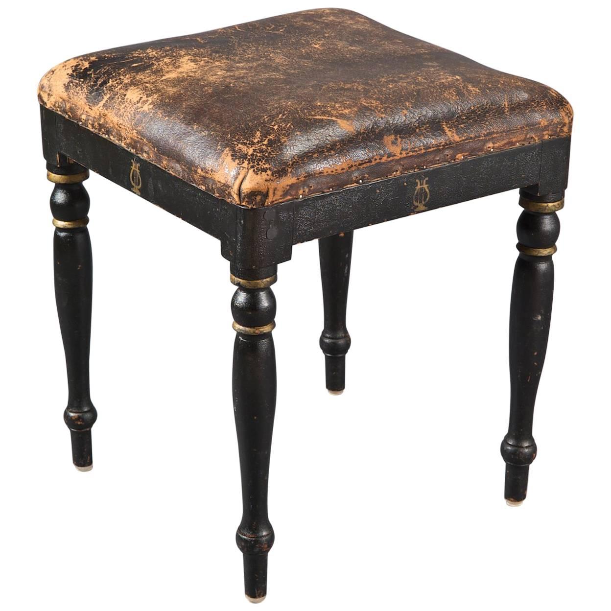 Square Seating Stool, Brown Leather, Sweden, 18th Century For Sale