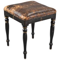 Square Seating Stool, Brown Leather, Sweden, 18th Century