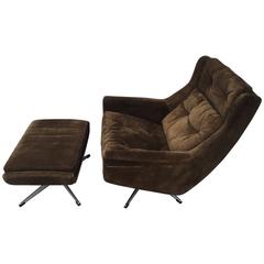 Danish Brown Suede Lounge Chair and Ottoman