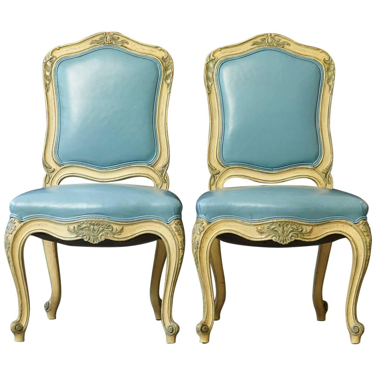 Pair of French Louis XV Style Side Chairs Upholstered in Powder Blue Leather For Sale