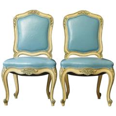 Pair of French Louis XV Style Side Chairs Upholstered in Powder Blue Leather 4