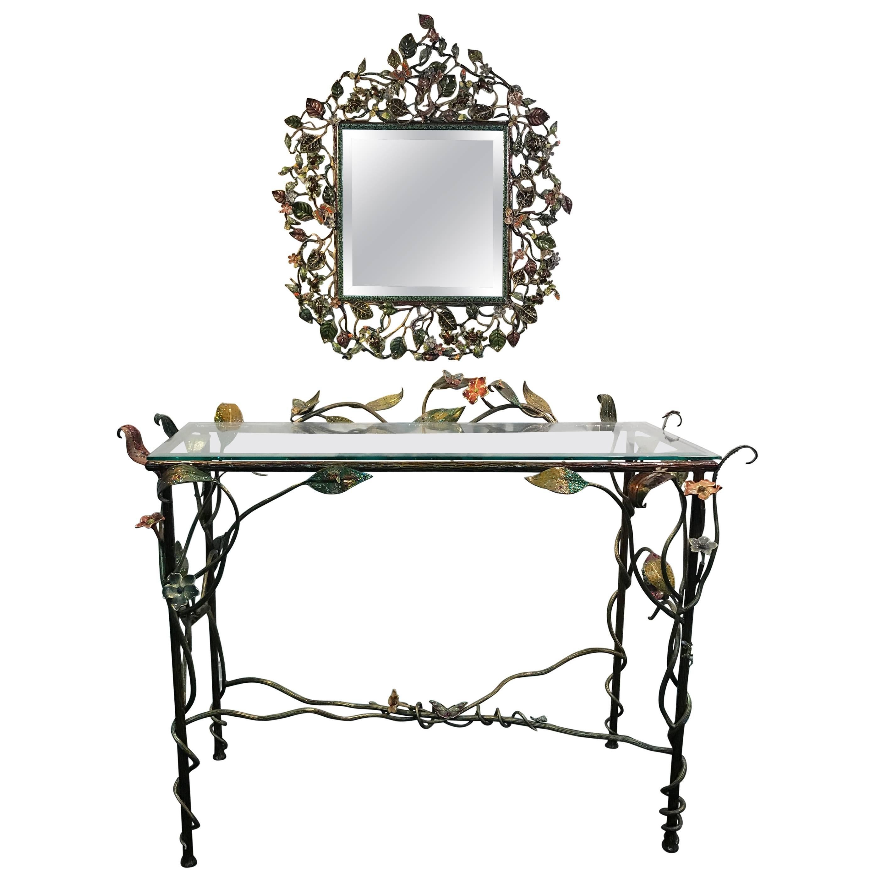 Incredible Jay Strongwater Flora and Fauna Jewel Encrusted Mirror and Console For Sale