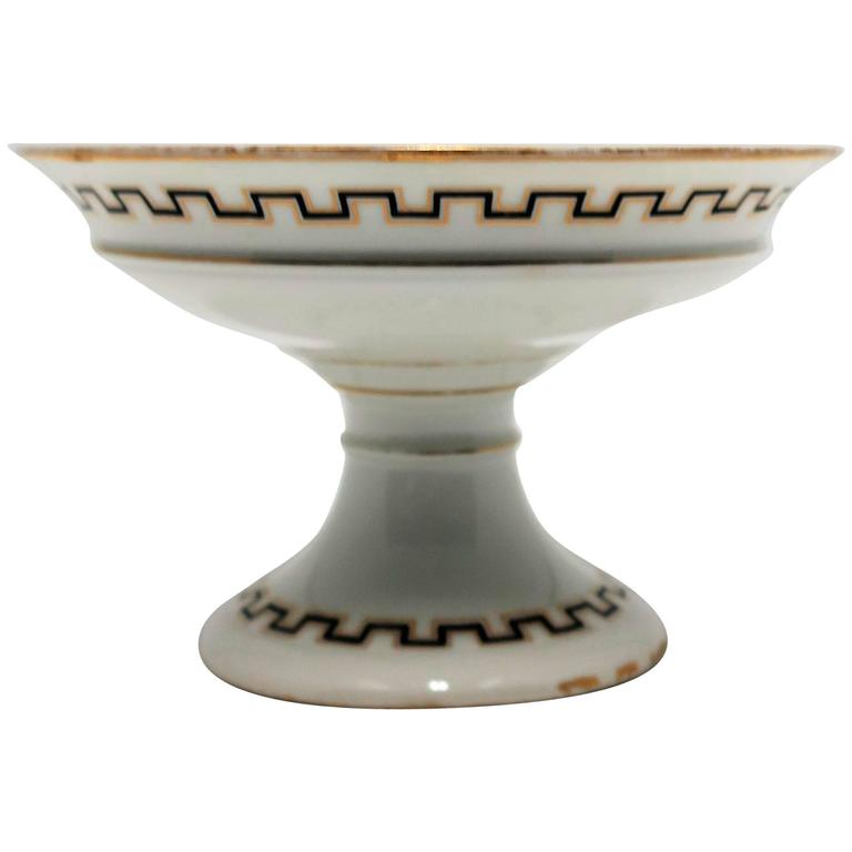 Vintage Italian White Tazza or Compote Bowl with Black and Gold Design