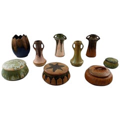 Collection of French Art Pottery Vases, Lidded Boxes, Denbac