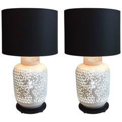 Pair of Blanc De Chine Piercework Lamps 4