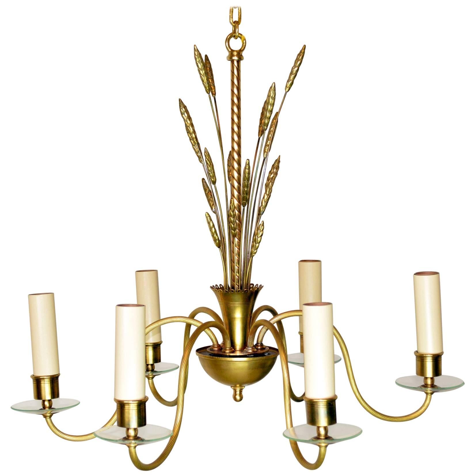 Mid-Century Modern Brass and Glass Chandelier For Sale