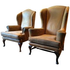 Georgian Style Wing Back Armchairs Leather Pair of His N Hers Brown Hide