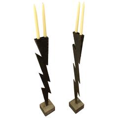 Pair of Welded Steel Lightning Bolt Candle Holders Manner of Paul Evans 9