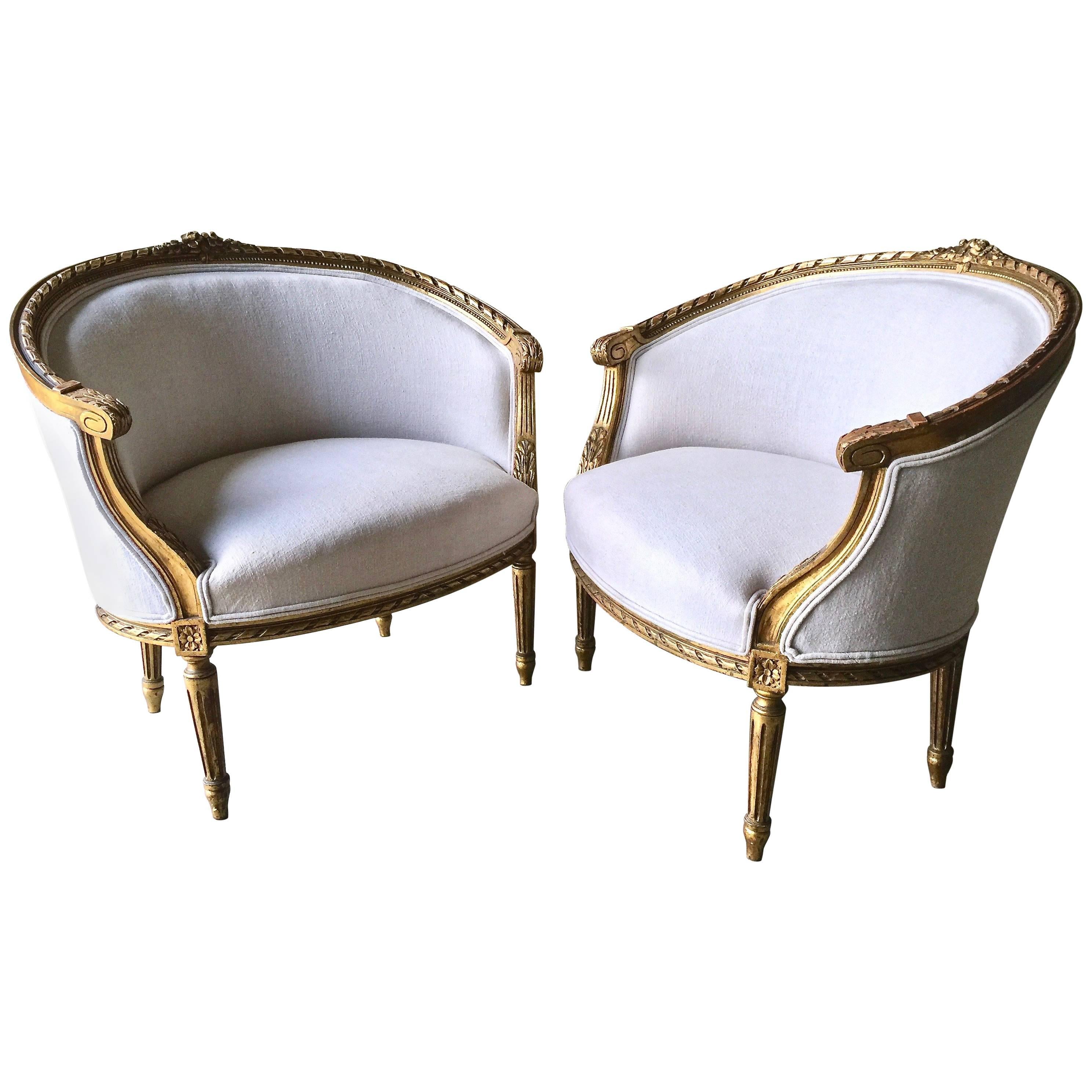 Pair of 19th Century French Louis XVI Style Giltwood Bergères