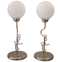 Very Fun 1960s Italian Pair Of Figural Chromed Lamps