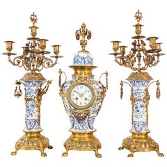 French Clock Set, Boch Style Faïence or Pottery Bodies Are Decorated