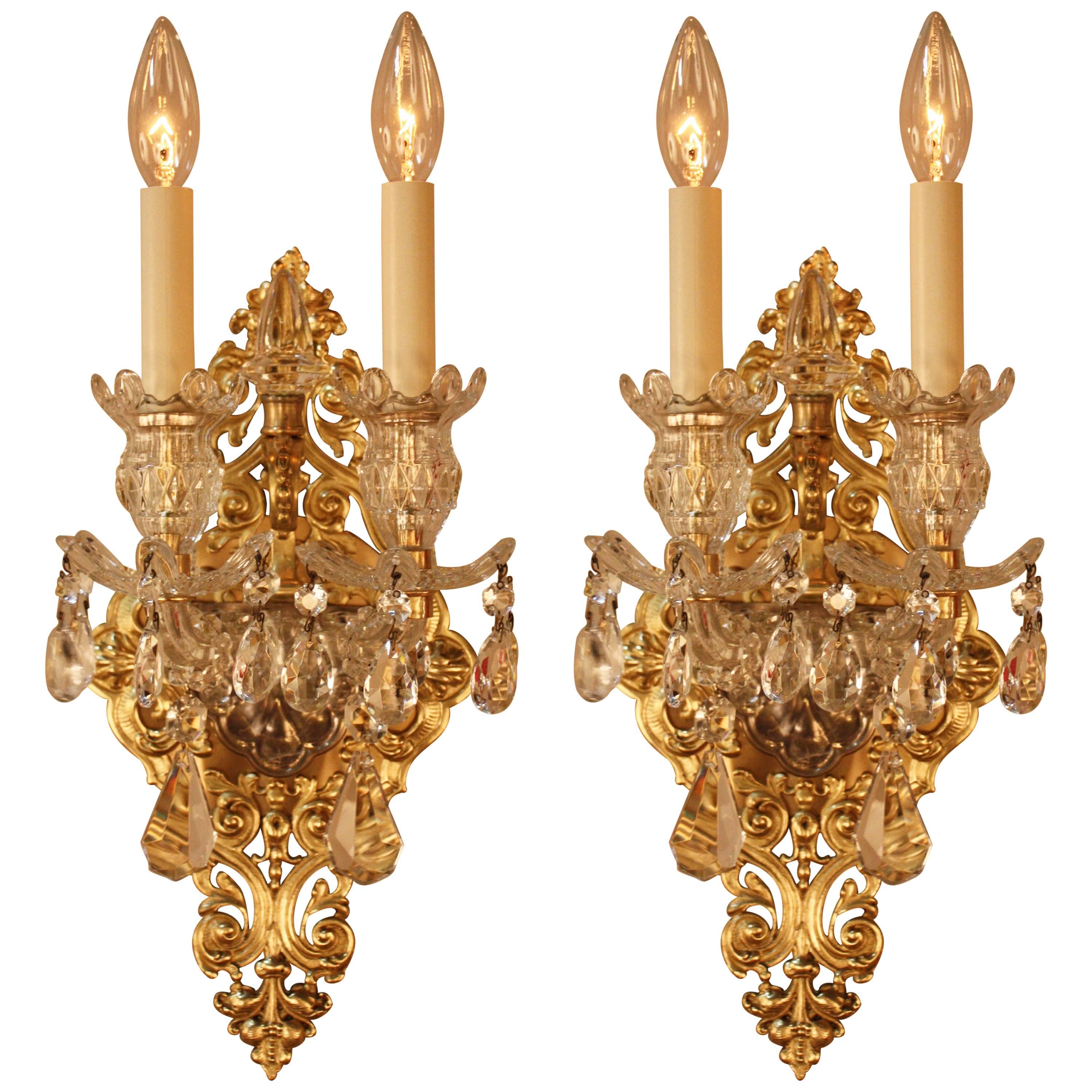 Fabulous Pair of Spanish Crystal and Bronze Wall Sconces