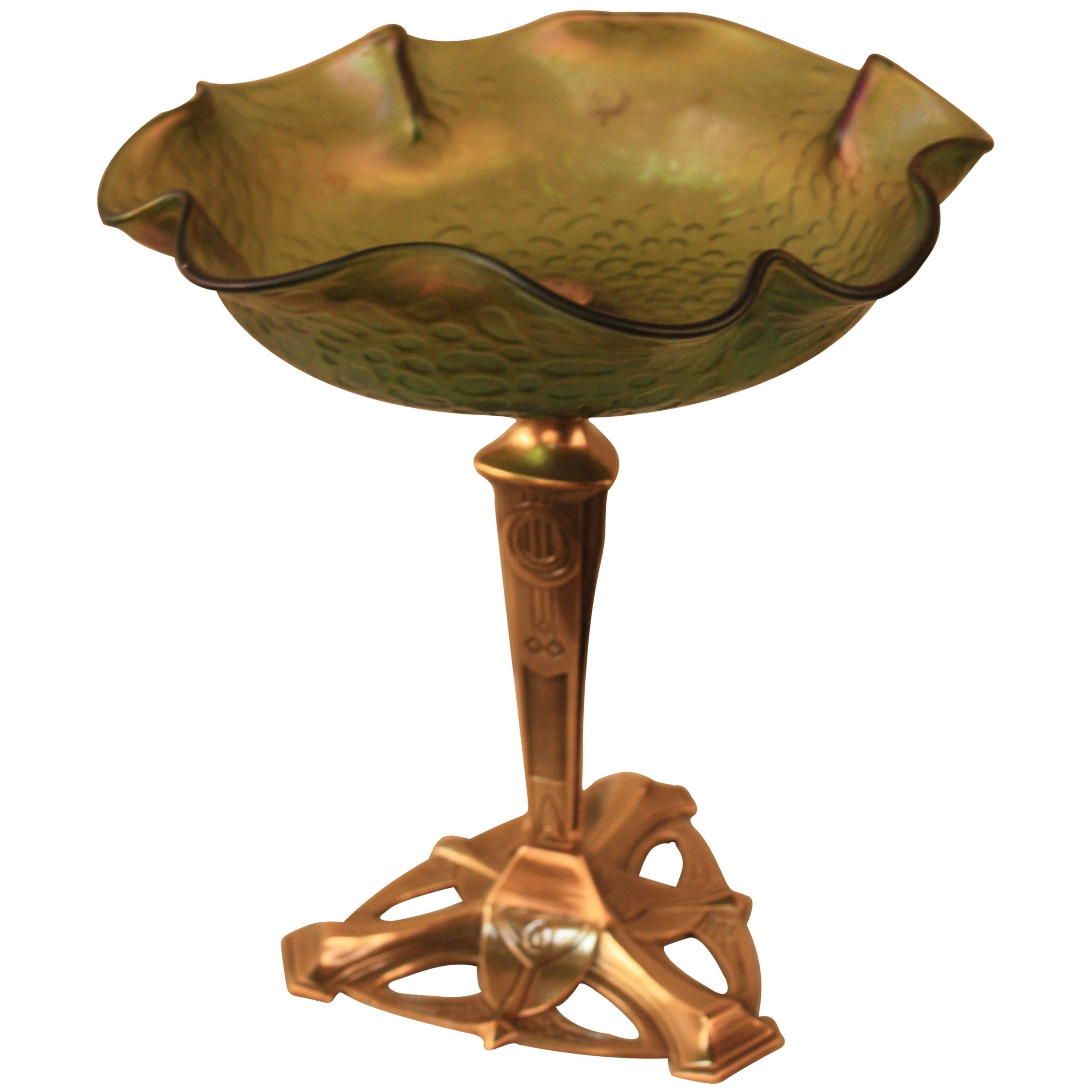  Bohemian Art Nouveau Glass, Bronze Base Centerpiece