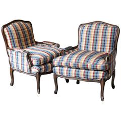 Pair of French Louis XV Style Bergères Upholstered in Madras Check Chintz Fabric 5