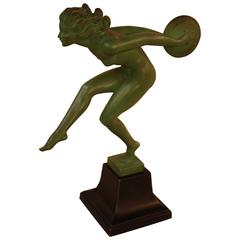 French Art Deco Female Nude Disc Dancer Statue by Garcia