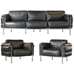 Vintage Le Corbusier Lc3 Grand Confort Living Room Set, Sofa & Pair of Lounge Armchairs