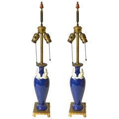 Exquisite Pair of Antique Porcelain and Brass Table Lamps by DAV Art NY / Lenox