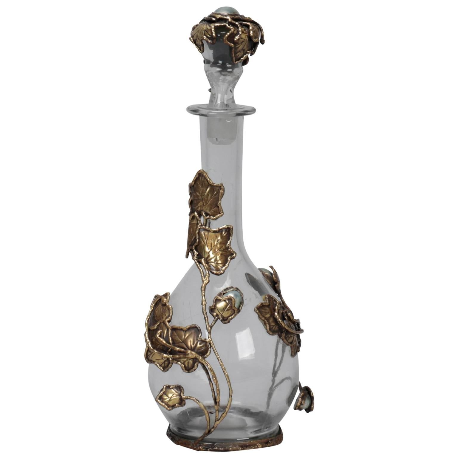 Signed Italian Decanter with Metal Work and Freshwater Pearls For Sale