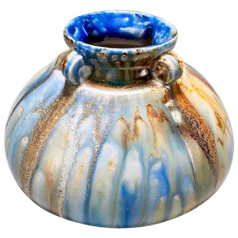 Roger Guerin Blue and Brown Small Four Handled Pottery Vase