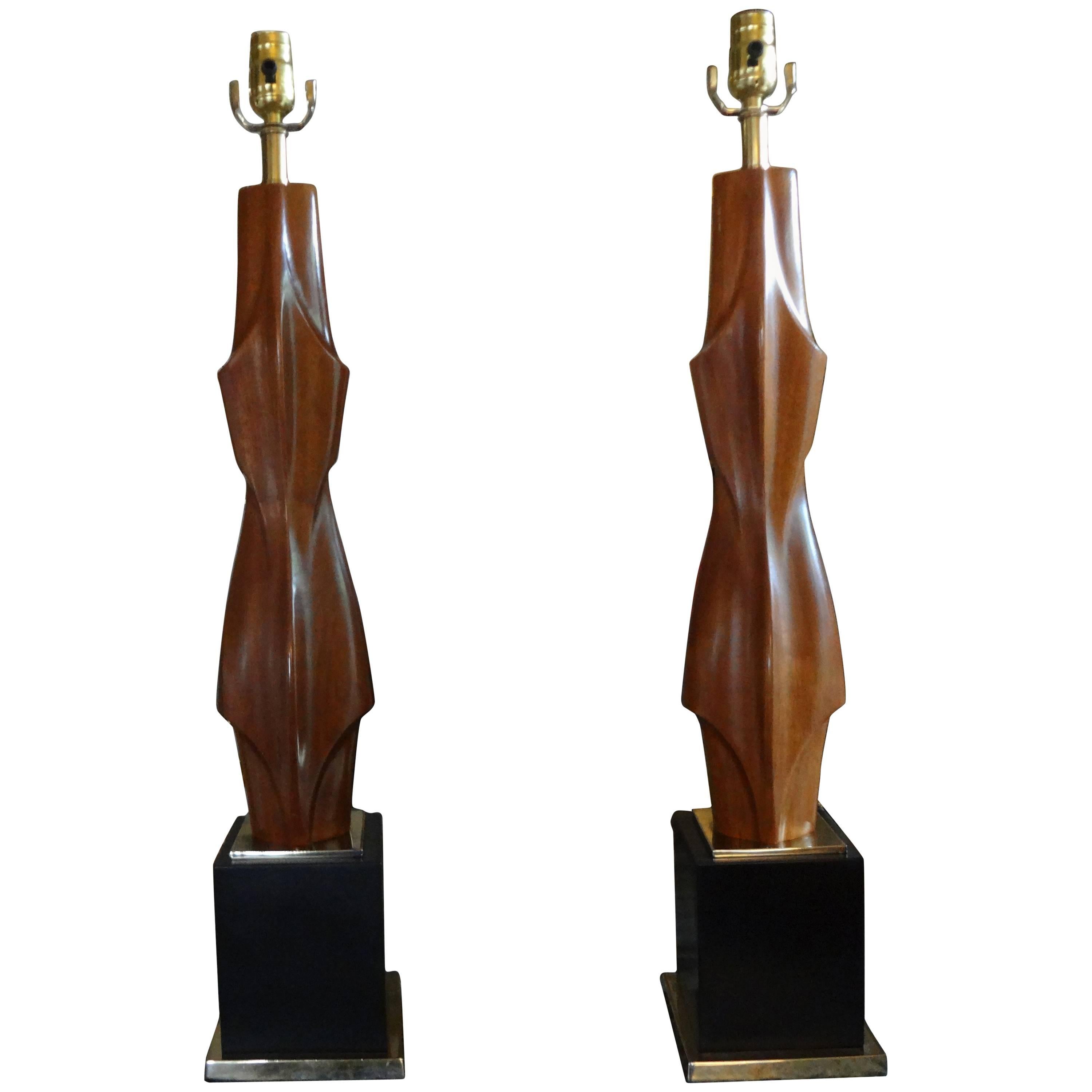 Pair of Maurizio Tempestini Mid-Century Modern Carved Wood Lamps