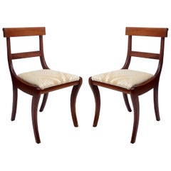Pair of Early 20th Century Regency Mahogany Klismos Chairs in Gold Damask