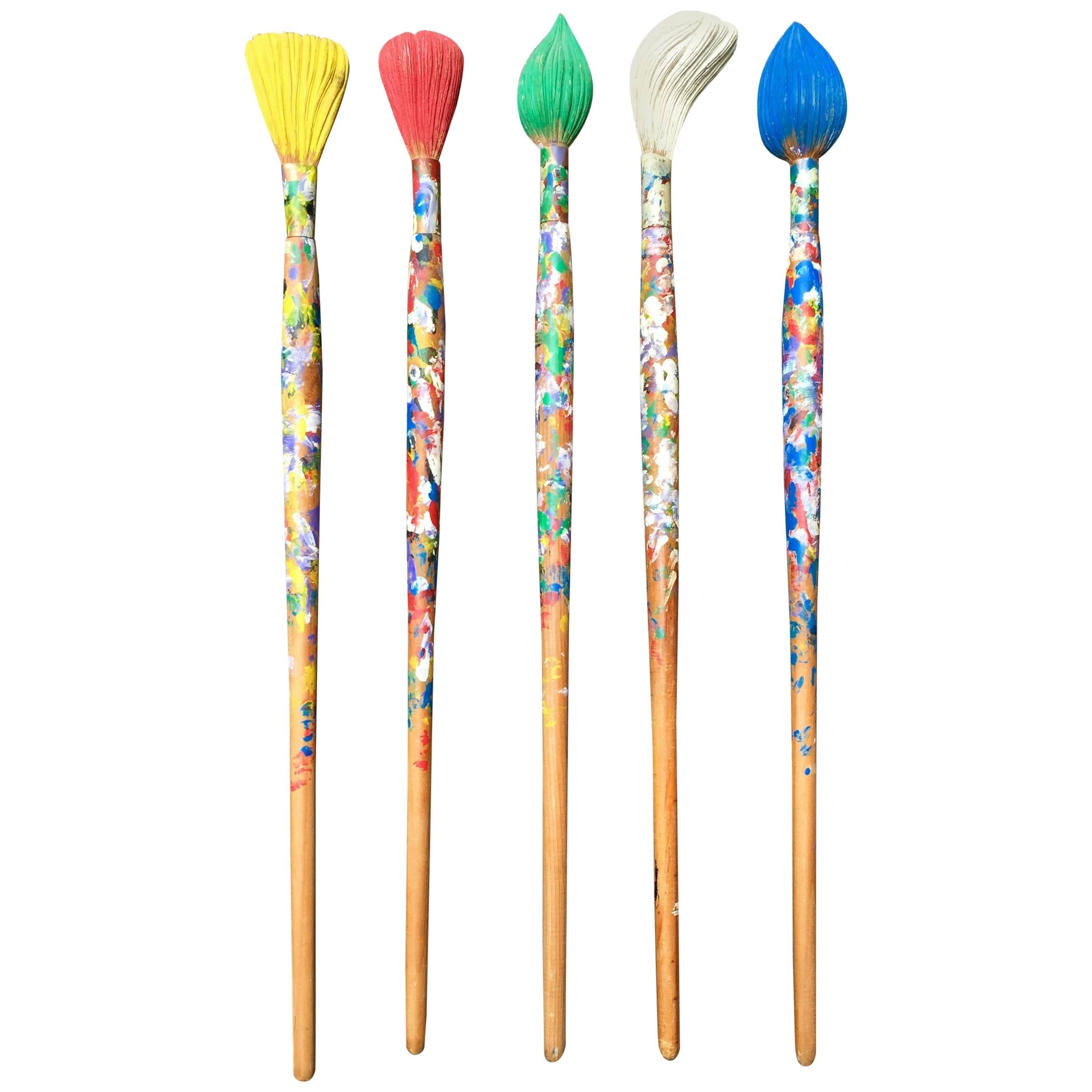 Carved Wood and Painted Set of Five Large Paint Brushes