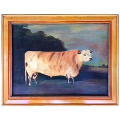 Antique Folk Art Painting of a Large Cow Signed Mills