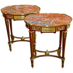 Pair of Louis XVI Style Mahogany and Ormolu Marble-Top Side Tables