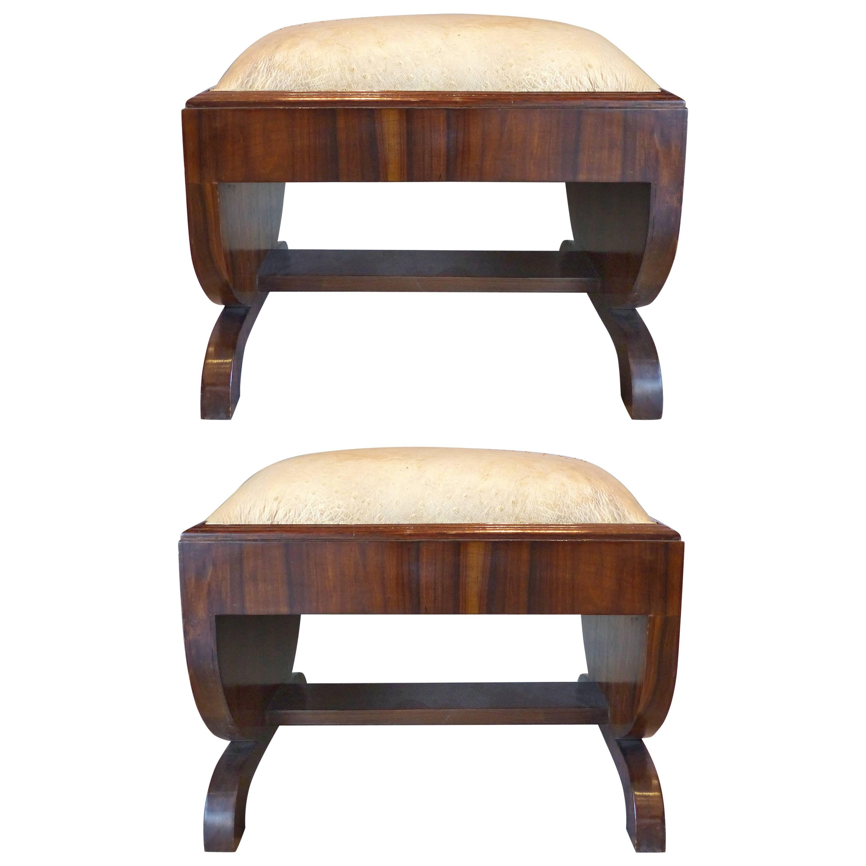 Art Deco Mahogany Footstools with Ostrich Skin Upholstery