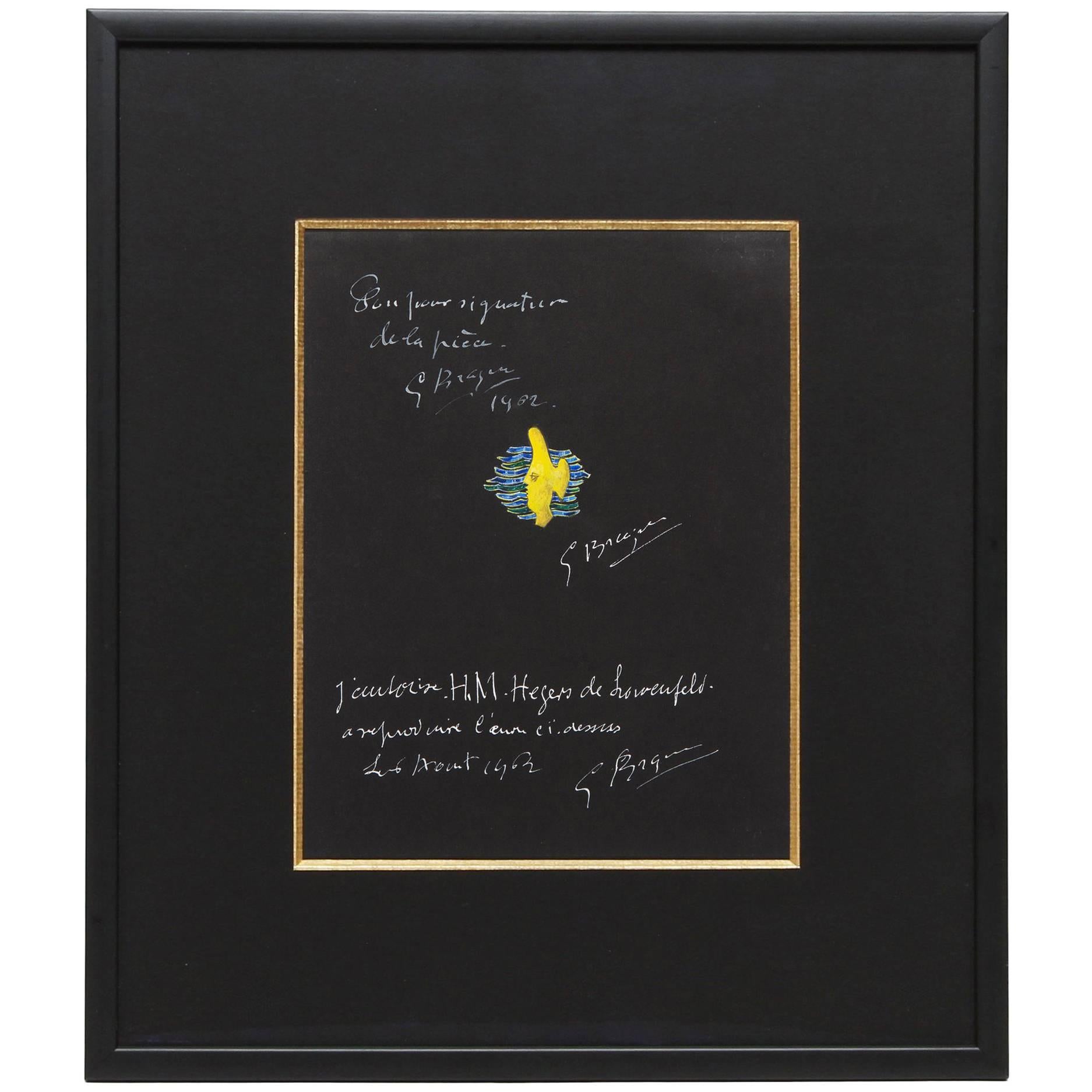 1962 Georges Braque Gouache Gaia sur papier noir pour les Jewell de Braque en vente
