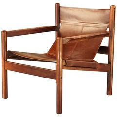 Michel Arnoult Roxinho Tan Leather Safari Chair or Sling Chair, Vintage, 1960