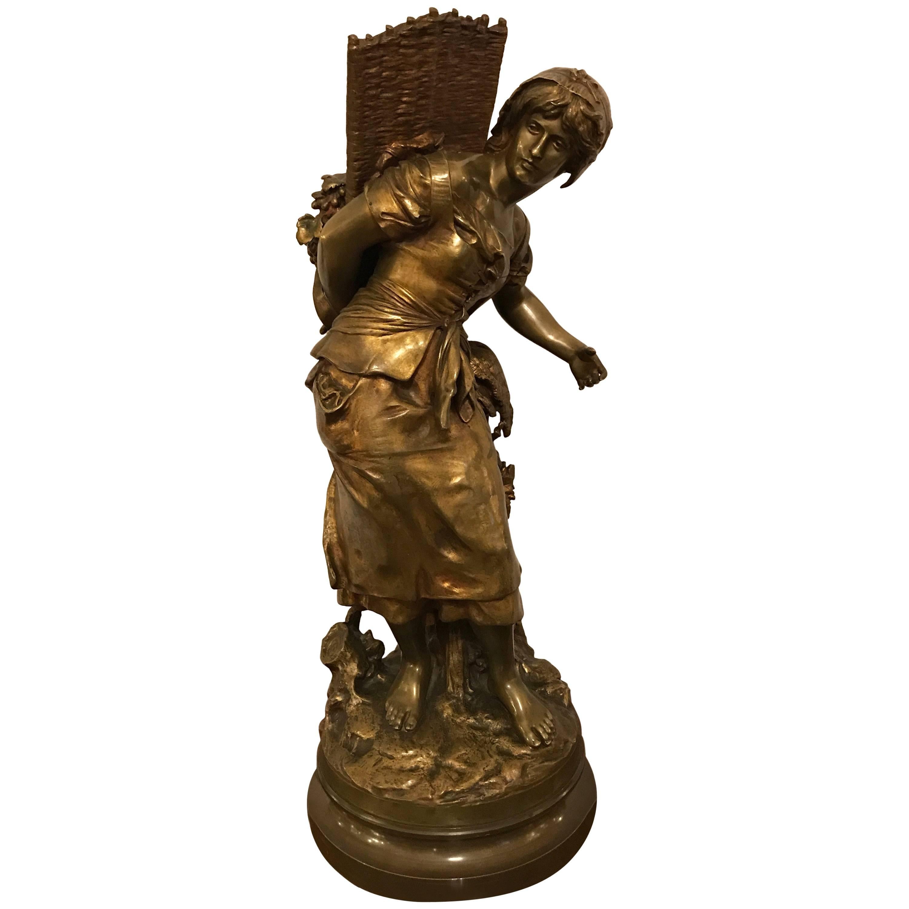 Palatial Bronze Sculpture of a Young Girl Picking Fruit by Mathurin Moreau