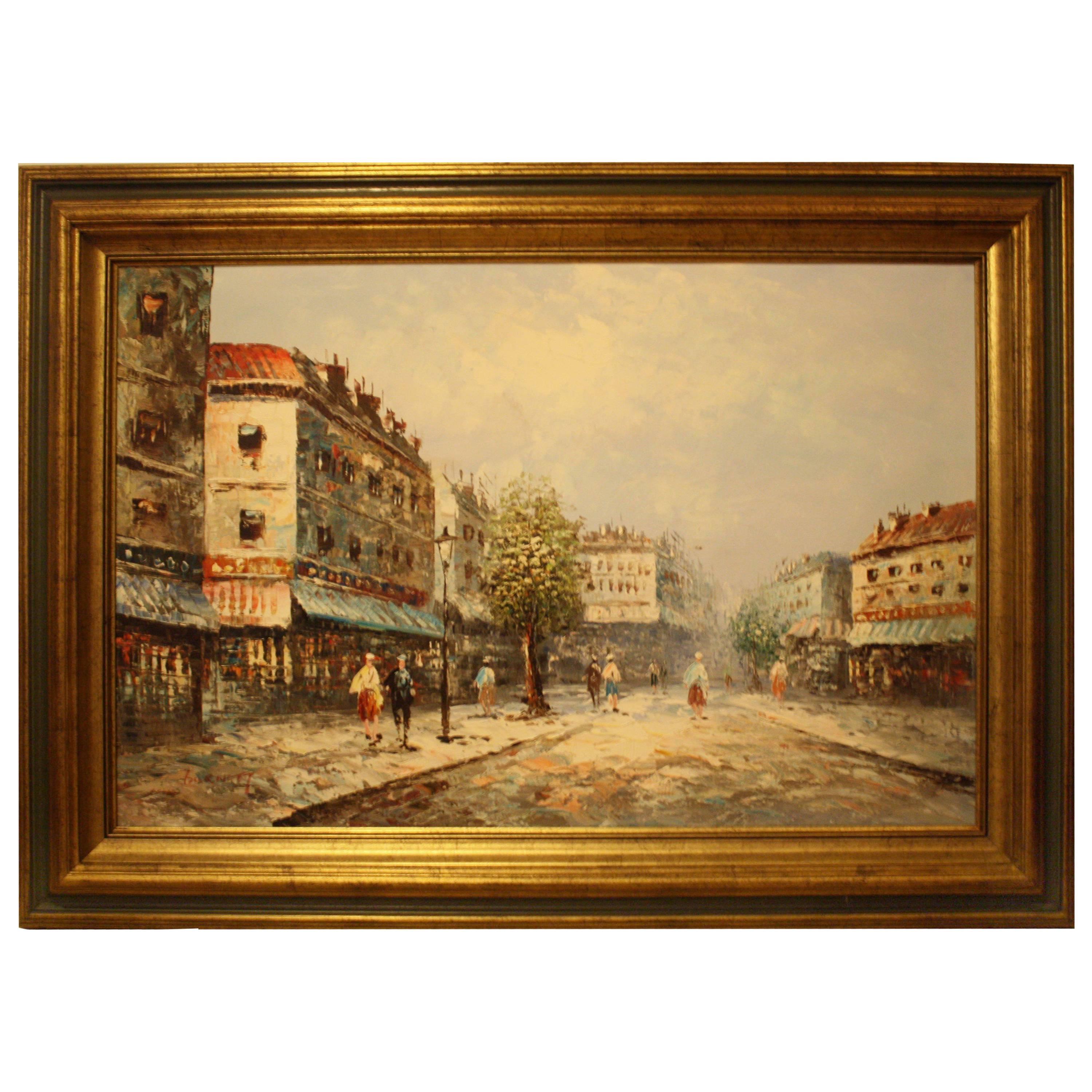 C. Burnett, Parisian street scene oil on canvas late 19th century For Sale