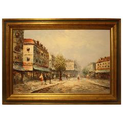 Antique C. Burnett, Parisian street scene oil on canvas late 19th century