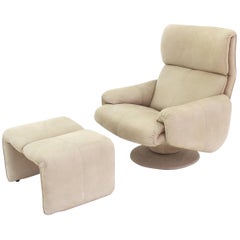 Beige Suede Leather Lounge Chair with Matching Ottoman